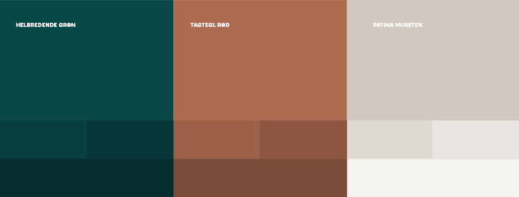 De farvenuancer, som Creative ZOO har valgt til Bindesbøll Byens visuelle identitet - grøn, rød og mursten.