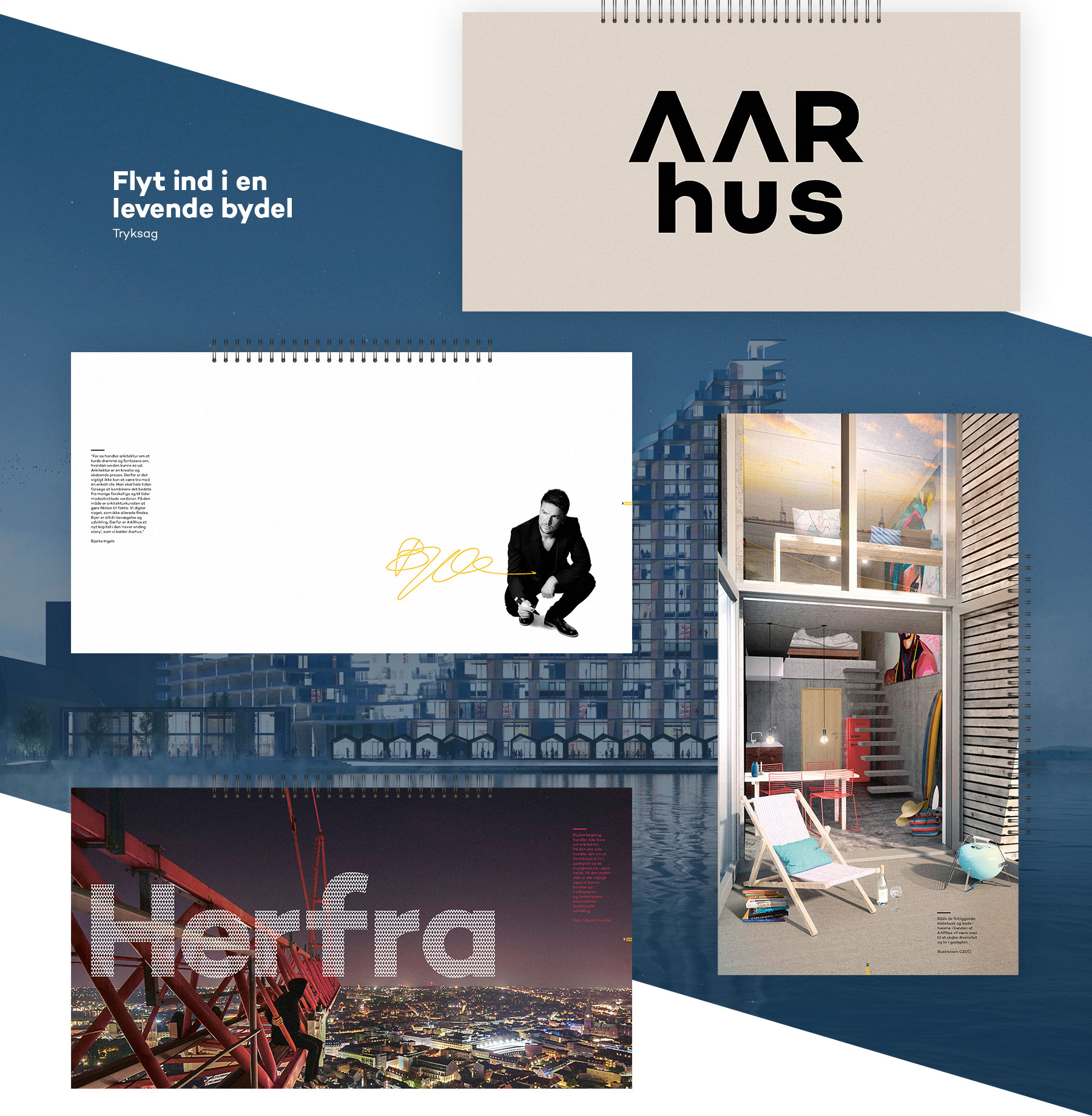 AARhus' visuelle identitet ses tydeligt i en tryksag, som fortæller om byudviklingsprojektet. 
