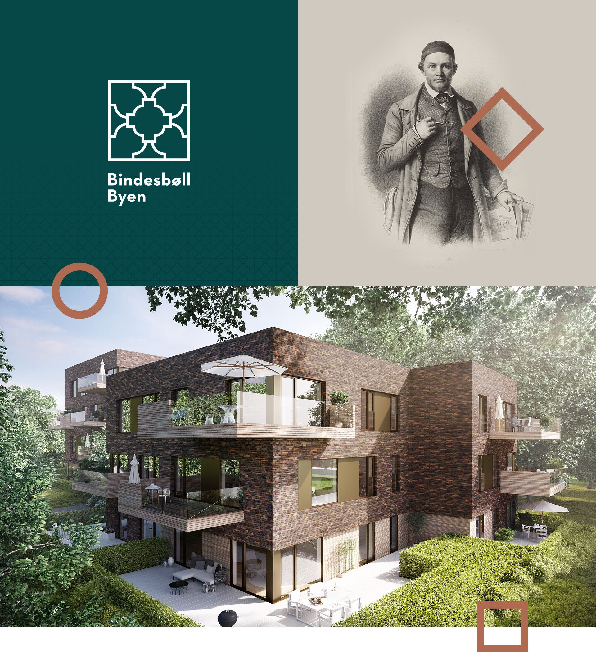 Billede af Bindesbøll Byens nye logo, Gottlieb Bindesbøll samt visualisering af det nye byggeri - Skovhusene. 