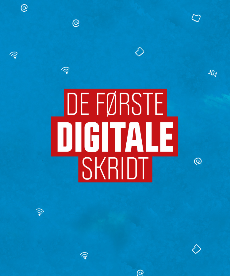 En blå baggrund, hvor den røde tekst: De første digitale skridt, er centreret i midten. Kampagne for Medierådet, lavet af Creative ZOO.