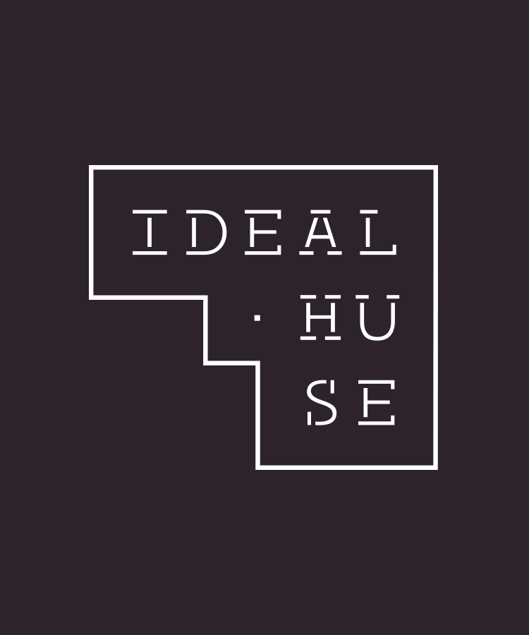Grafisk illustration, der fremviser Ideal Huses logo som forskellige plantegninger, designet af Creative ZOO.