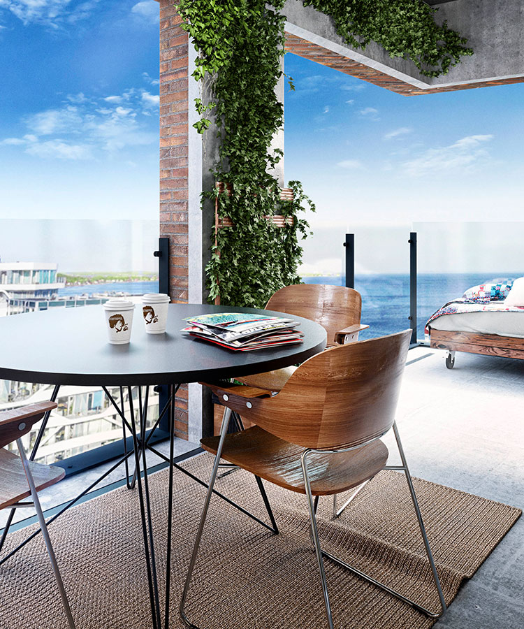 Visualiseringerne af Pakhusene starter potentielle køberes forestillinger om det gode liv på Aarhus Ø. 